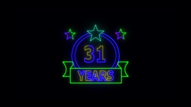 31 Years Anniversary Celebration Neon Sign with Stars and Glowing Banner Highlighting Milestone Achievement and Success.