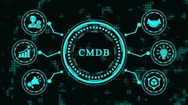 The cmdb configuration management database concept is displayed as a hologram the CMDB is a database that contains all the information about the hardware and software components