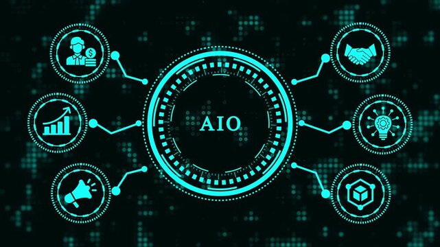 The aio all in one concept is displayed as a hologram the aio is a computer that combines all the components of a desktop computer into a single unit