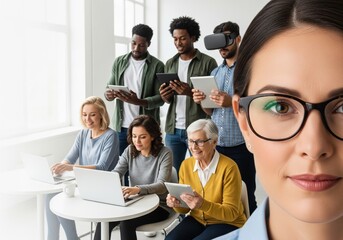 A diverse group of people, from teens to seniors, mastering new skills with laptops, tablets, and VR headsets in a bright modern space, embodying adaptability and lifelong learning