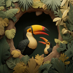 Hornbill feeding chick inside tree hole in jungle
