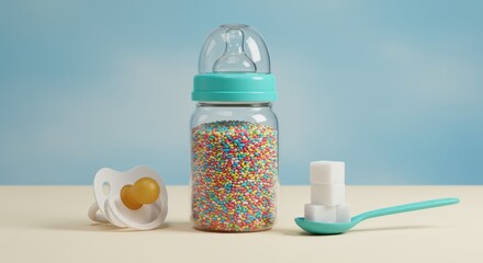 Baby bottle filled with colorful sprinkles, pacifier, and sugar cubes on spoon representing childhood sugar intake
