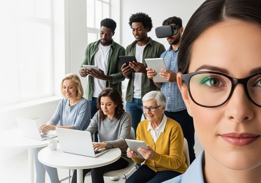 A diverse group of people, from teens to seniors, mastering new skills with laptops, tablets, and VR headsets in a bright modern space, embodying adaptability and lifelong learning