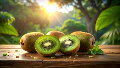 Kiwi picado em cima de tabua de madeira nobre