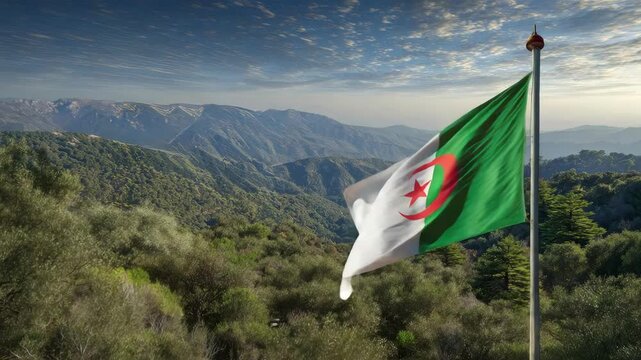 The Algerian flag waves proudly at sunset, celebrating Independence Day and Flag Day.