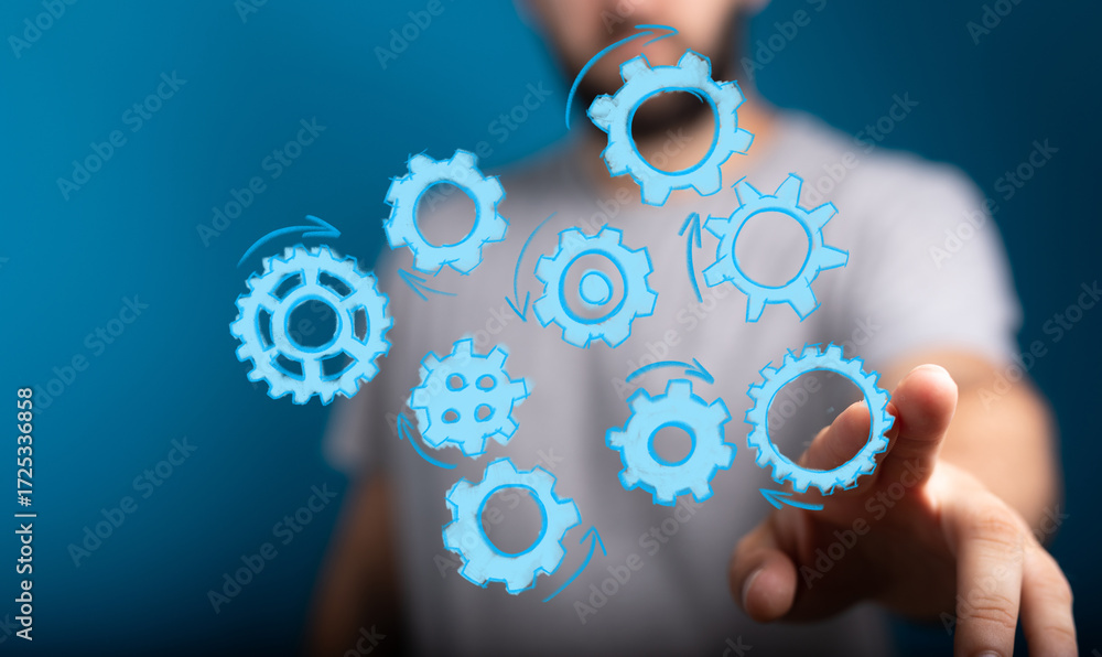 Poster abstract image of a man interacting with digital gears. perfect for concepts like teamwork, process,