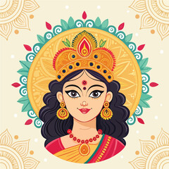 Smiling cartoon woman with flowers in her hair has a fun summer style and happy face
