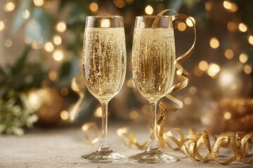 Two glasses of sparkling champagne on a festive background with golden lights, adding a touch of elegance and celebration to any special occasion or event.