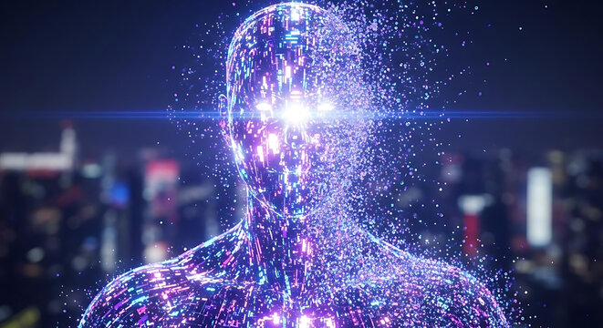 Digital human figure with glowing eyes and pixelated effect against a city skyline backdrop