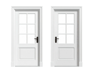 Two identical, white, classic entry doors, with glass panes and ornate trim
