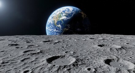 View of planet earth from the surface of the moon, showcasing craters and the vastness of space with the suns glare in the background