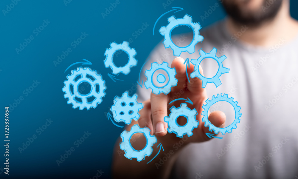 Poster concept image of a person interacting with digital gears, representing teamwork, process, workflow, 