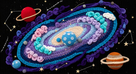 a vast, awe-inspiring galaxy reimagined as though it were lovingly knitted from yarn and stitched textures.