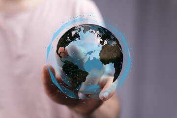 Hand holding digital earth, global network, connection, technology, future, innovation, communication, digital, world, internet, data,  gl © vegefox.com