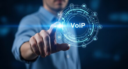 Man Interacting with Futuristic VoIP Interface Navigating a Digital Network with Touch and Illumination in a Modern