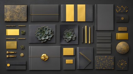 Elegant Black and Gold Stationery Mockup Flatlay