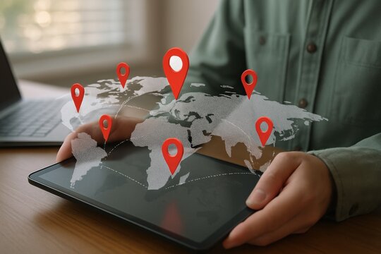 Tablet showing holographic world map with multiple red location pins for global navigation
 - Powered by Adobe
