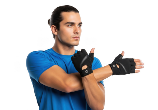 Man in blue shirt and black workout gloves stretching arm focused on fitness isolated on transparent background