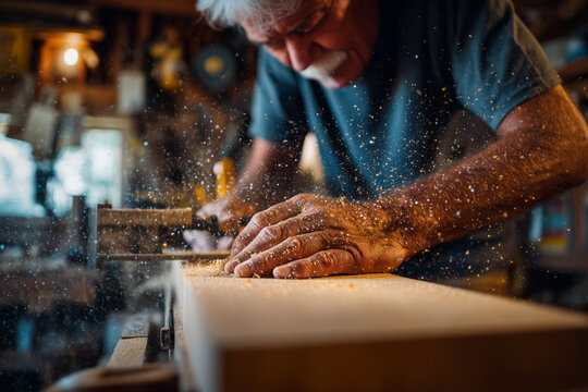 Elderly man shares woodworking skills with teenager in workshop - Powered by Adobe