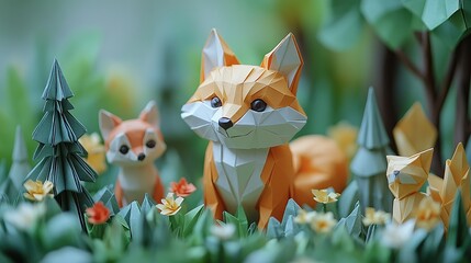 Obraz premium Origami fox family in vibrant forest with green trees and flowers expressing whimsy craftsmanship and stylized wildlife charm