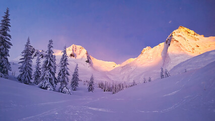 Breathtaking snowy mountain landscape at sunset with glowing peaks, representing winter travel, alpine adventure, mountaineering, and outdoor exploration.