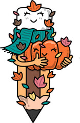 Fall Pencil Character Hugging Pumpkin Illustration