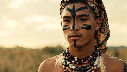 African tribal man with traditional black painted face, bright scarf, and bead necklaces, standing in natural landscape with fields and sky, showing ethnic style.