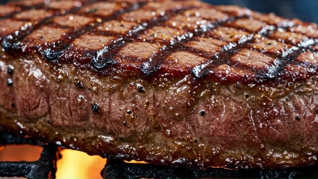 Closeup of a perfectly grilled steak with char marks on a grill