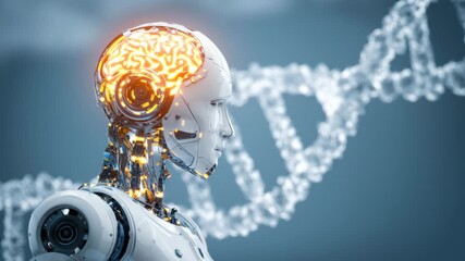 A futuristic robot showcases a glowing brain and intricate details. It symbolizes the merging of technology with human biology while highlighting advancements in artificial intelligence and robotics - Powered by Adobe