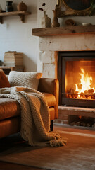 Fototapeta premium A soft knitted blanket draped over a couch, golden fireplace light illuminating a small rustic room