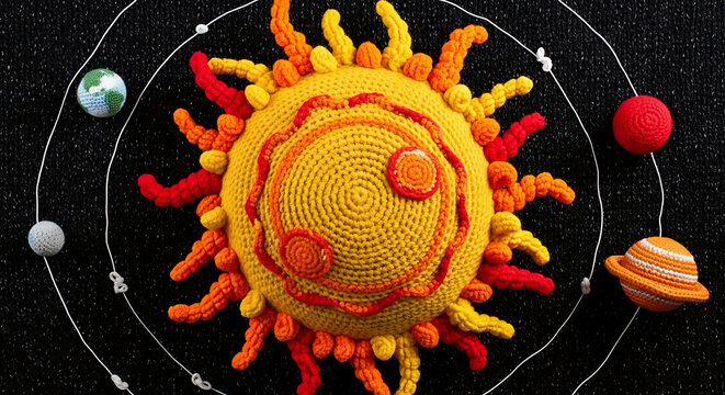 Visualize the Sun as an immense, glowing sphere lovingly crafted from yarn, radiating warmth and texture at the center of a knitted cosmos