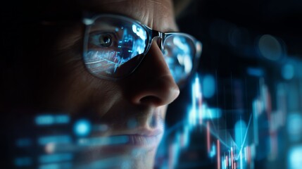 Close-up of a focused individual analyzing financial data on a screen at night