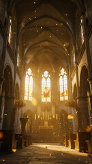 Golden light pouring through the stained glass of a grand cathedral