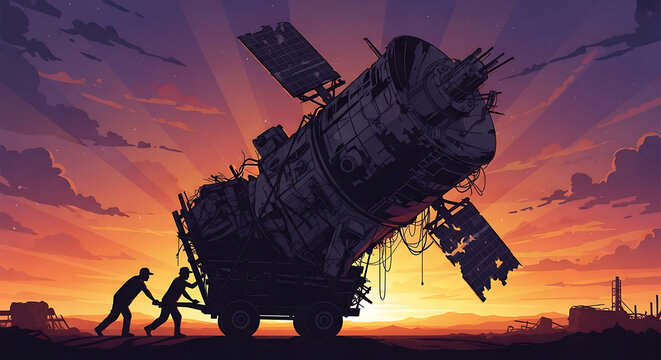 Determined figures transport a colossal, dilapidated satellite across a desolate, post-apocalyptic landscape at the break of dawn, a relic of forgotten progress