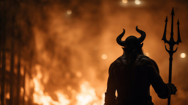 Dramatic scene of a powerful infernal figure in a fiery landscape at dusk