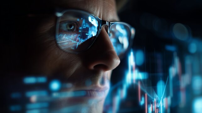Close-up of a focused individual analyzing financial data on a screen at night