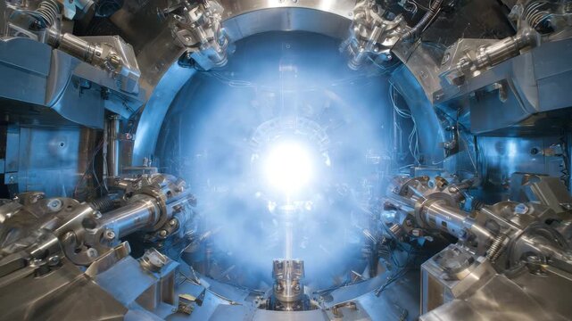 A cutting-edge fusion reactor showcases its inner workings. Bright plasma ignites within the chamber as scientists work diligently to harness clean energy. Detailed machinery components are visible