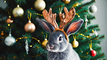 Gray fluffy rabbit wearing decorative reindeer antlers in front of Christmas tree, symbolizing New Year and holiday celebration with adorable seasonal pets.