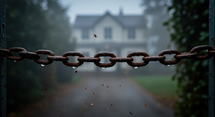 A foggy morning scene featuring a rusted chain blocking a gravel driveway leading to a secluded, old house, with droplets of water glistening on the chain and autumn leaves scattered around