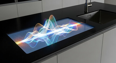Modern kitchen countertop with integrated display showing colorful waveform visualization art