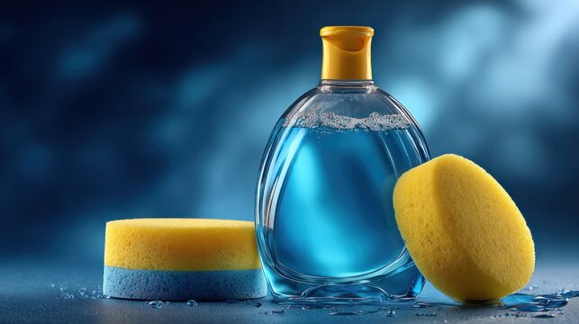 Clear liquid soap dispenser with blue liquid and yellow cleaning sponges on dark background for hygiene and cleaning supplies concept
