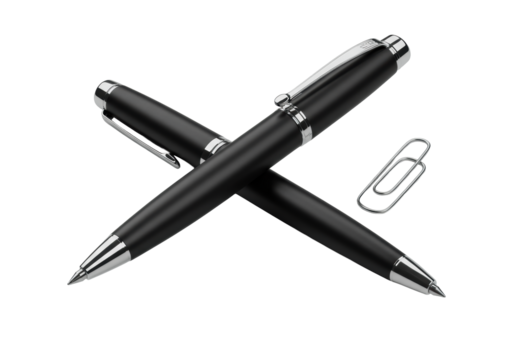 Jet black modern ballpoint pen with silver/chrome accents, polished silver paperclip, 45-degree angle, transparent seamless background. Concept of elegant product presentation
