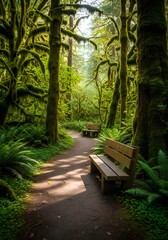 Sunlit Forest Path with Wooden Bench &ndash; Mossy Trees and Serene Nature Trail