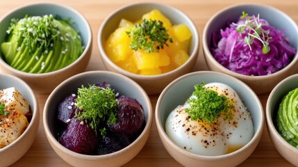 Colorful Healthy Food Bowls Flat Lay with Avocado Mango Cabbage Eggs and Beets High Angle View