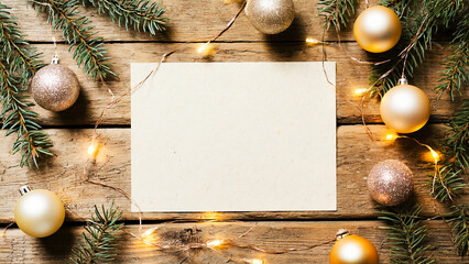  Christmas mockup with blank white paper on wooden background surrounded by golden ornaments and pine branches, perfect for holiday design or greeting.