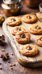 Christmas gingerbread cookies with chocolate filling and spices on wooden background,  concept for winter holidays, cozy atmosphere, and food blogging themes.