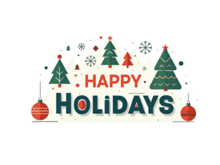 Festive holiday greeting card featuring stylized Christmas trees, ornaments, and snowflakes with holiday message.