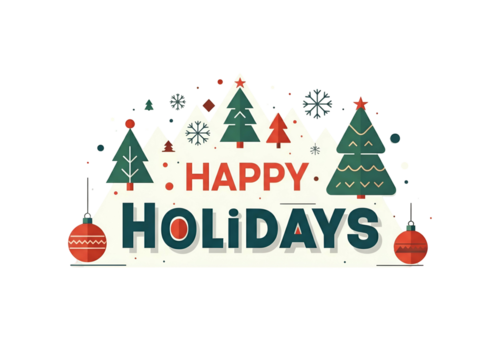 Festive holiday greeting card featuring stylized Christmas trees, ornaments, and snowflakes with holiday message.