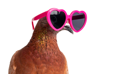 Pheasant wearing pink heart shaped sunglasses isolated on transparent background