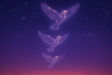 Three bird constellations ascending across a purple night sky
